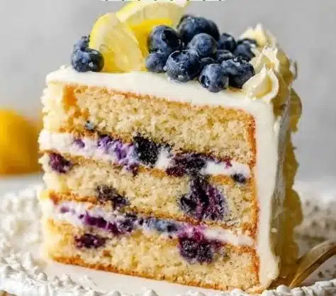 Slice of Lemon Blueberry Cake topped with fresh blueberries and lemon zest