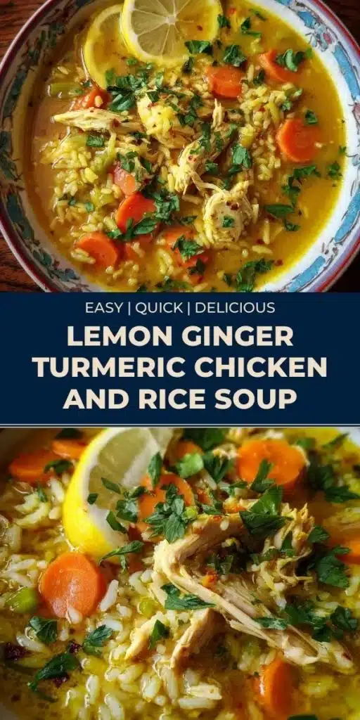 Lemon Ginger Turmeric Chicken and Rice Soup in a bowl with fresh ingredients