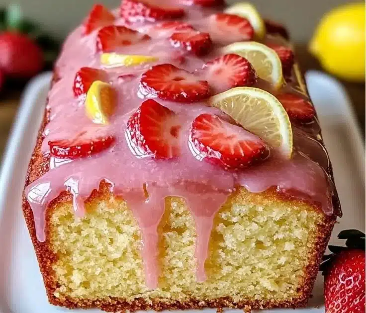 Lemon pound cake topped with vibrant strawberry glaze ready to serve.