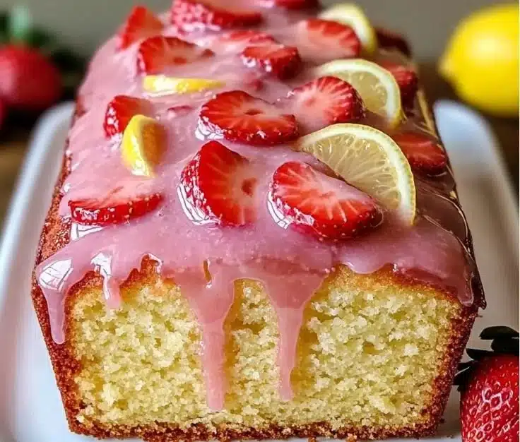 Lemon Pound Cake with Strawberry Glaze 9 Slice of Lemon Pound Cake topped with Strawberry Glaze on a white plate.