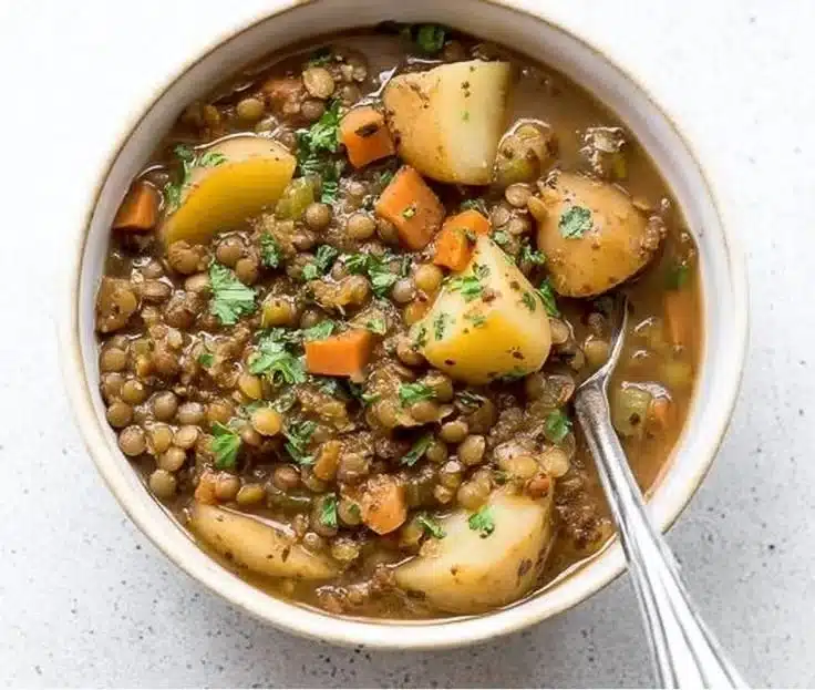 Bowl of hearty lentil potato soup with vegetables and herbs