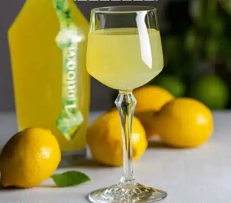 A glass of homemade limoncello garnished with lemon slices