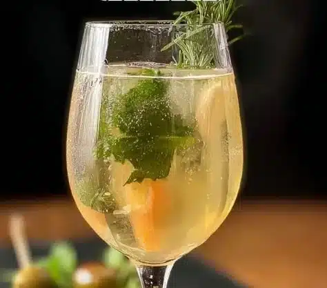 Glass of refreshing Hugo Spritz cocktail with herbs and citrus slices