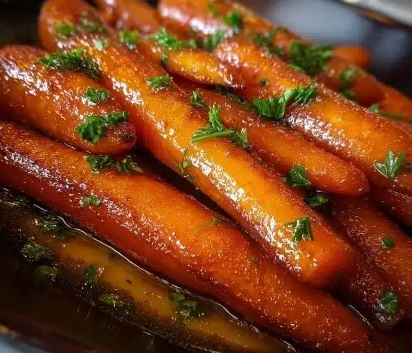 Maple and brown sugar glazed carrots on a plate, garnished and ready to serve.