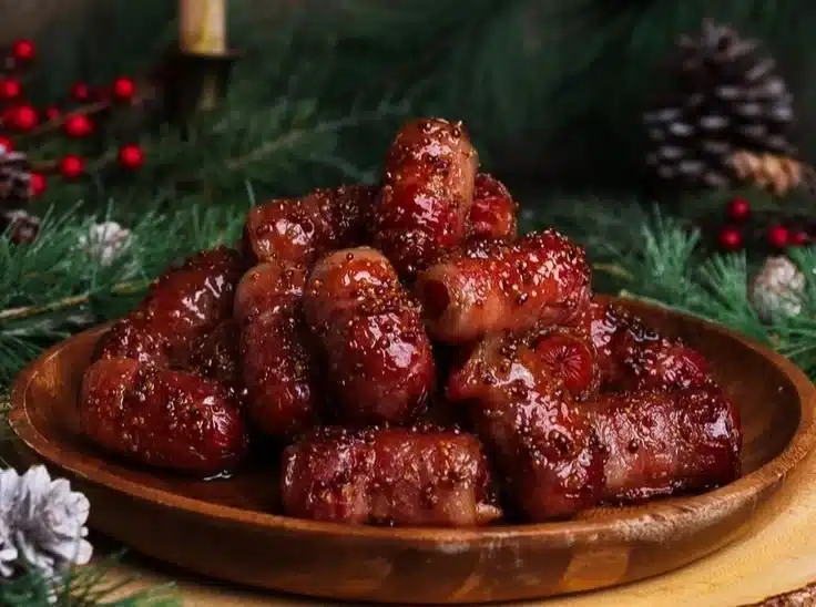 Maple mustard bacon wrapped sausages served on a platter