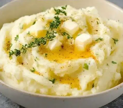 Bowl of creamy mashed potatoes with butter and herbs on a table.