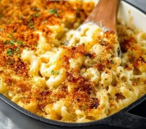 Delicious master-level mac and cheese topped with breadcrumbs and herbs