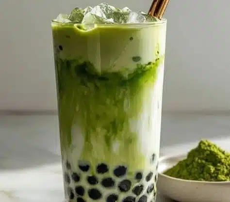 Matcha bubble tea with tapioca pearls in a glass
