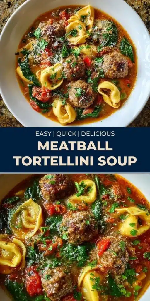 Delicious bowl of Meatball Tortellini Soup with herbs and cheese on top