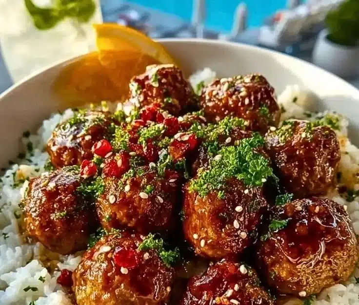 Delicious meatballs rice bowl topped with herbs and spices