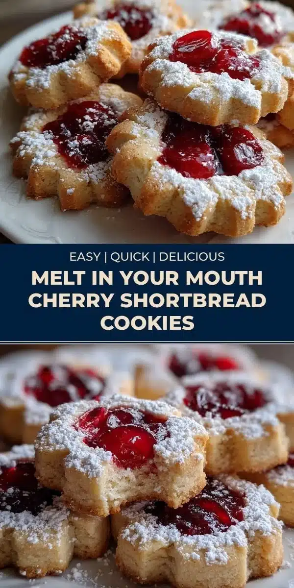 Melt In Your Mouth Cherry Shortbread Cookies 5 Melt-in-your-mouth cherry shortbread cookies on a plate topped with cherries.