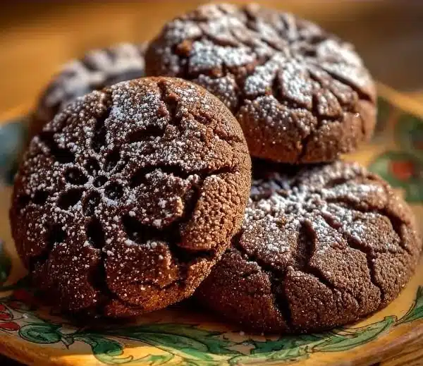 Plate of homemade Mexican Hot Chocolate Cookies with chocolate drizzle.