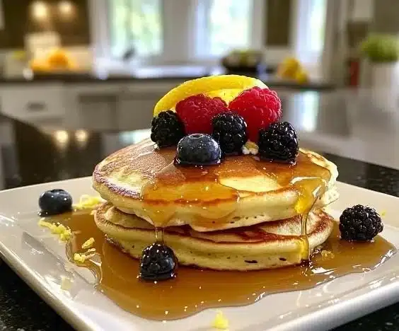Fluffy Meyer lemon ricotta pancakes topped with fresh fruit and syrup