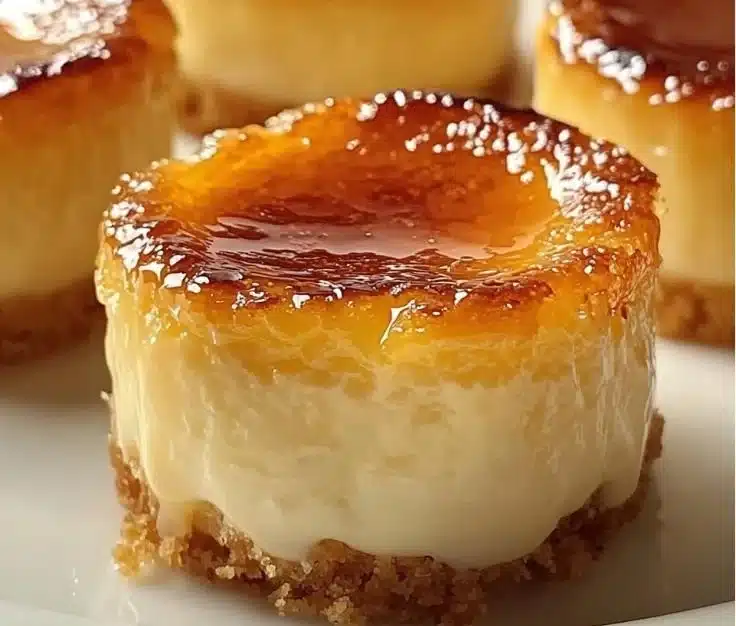 Delicious mini cheesecakes with a brûlée top, perfect for dessert lovers.