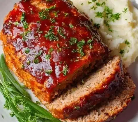 Moist and juicy turkey meatloaf served with garnish