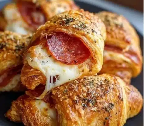 Mozzarella pepperoni croissant rolls fresh out of the oven