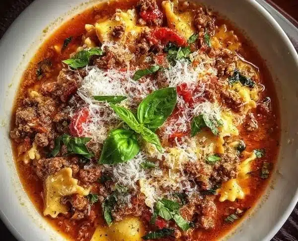 Bowl of One-Pot Lasagna Soup garnished with fresh basil and cheese