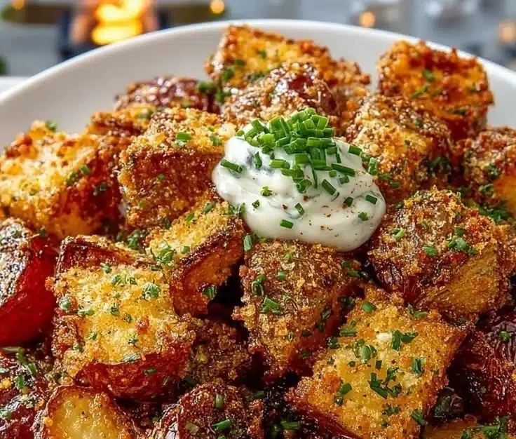 Plate of perfectly baked Parmesan roasted red potatoes garnished with herbs