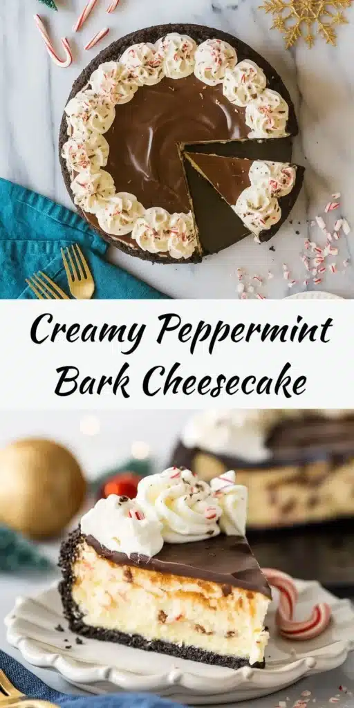 Delicious Peppermint Bark Cheesecake topped with holiday chocolate and peppermint.