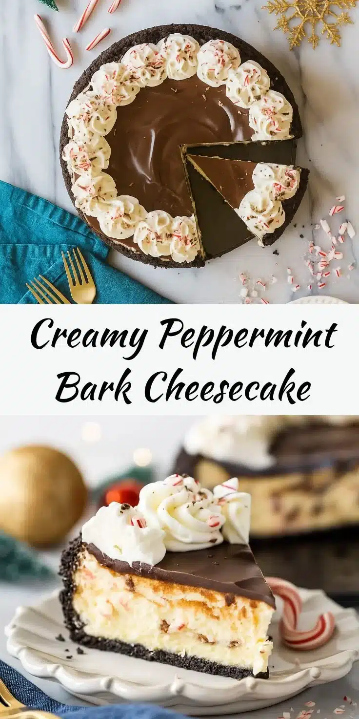 Peppermint Bark Cheesecake – Ultimate Holiday Dessert Magic 8 Delicious Peppermint Bark Cheesecake topped with holiday chocolate and peppermint.