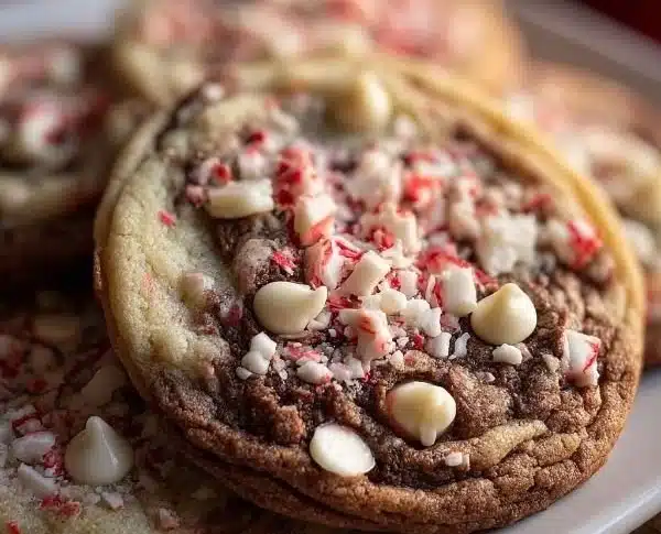 Delicious peppermint bark cookies topped with festive sprinkles and chocolate.