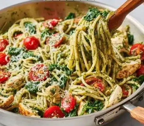 Delicious Pesto Chicken Pasta served in a bowl with fresh basil and parmesan cheese