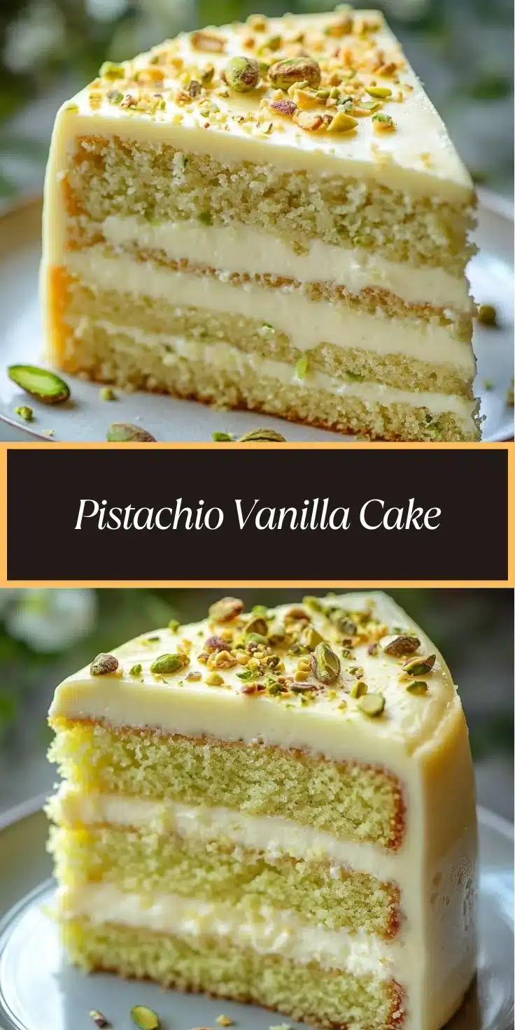 A delicious slice of Pistachio Vanilla Cake topped with nuts and frosting