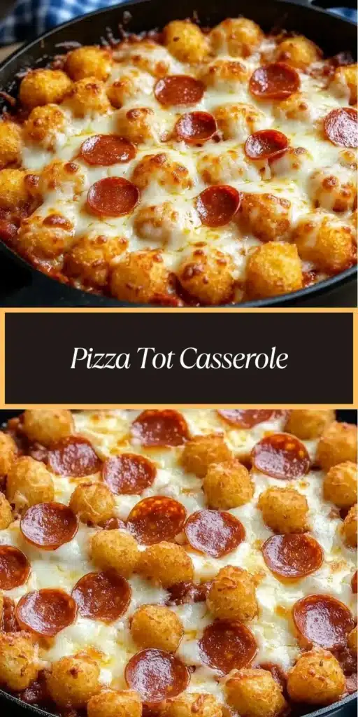 Delicious Pizza Tot Casserole topped with cheese and pepperoni.