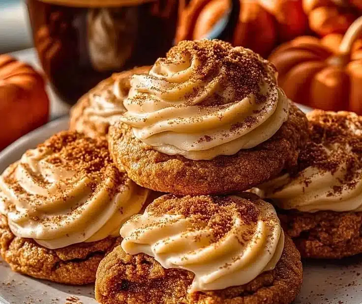 Delicious Pumpkin Spice Latte Cookies topped with whipped cream and cinnamon