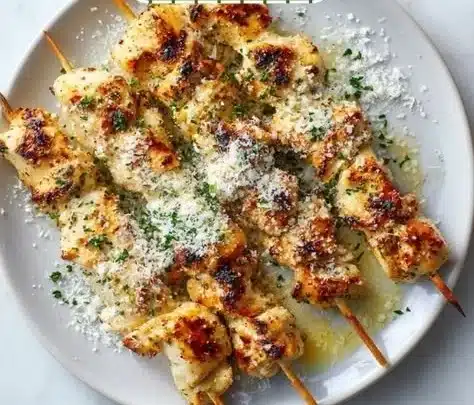Ranch Garlic Parmesan Chicken Skewers ready for grilling