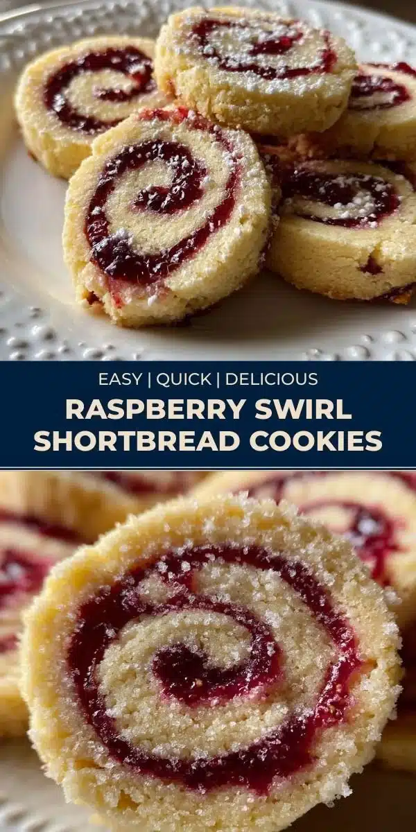 Raspberry Swirl Shortbread Cookies garnished with fresh raspberries and icing