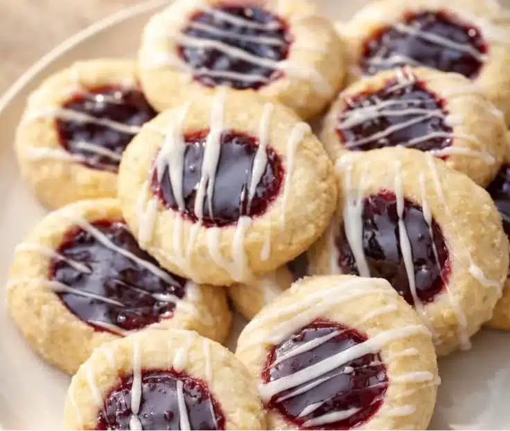 Delicious Raspberry Thumbprint Cookies with icing on a plate