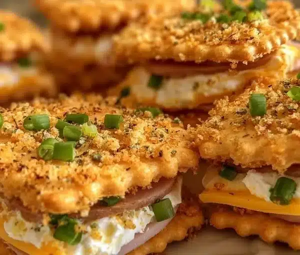 Ritz Cracker party sandwiches arranged on a platter for a gathering.