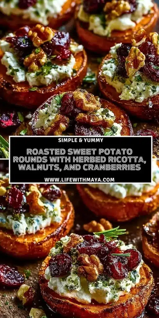 Roasted sweet potato rounds topped with herbed ricotta, walnuts, and cranberries.