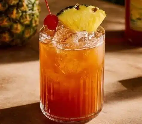 Colorful Rum Runner cocktail garnished with fruit on a tropical beach