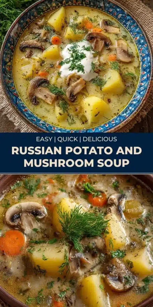 A bowl of Russian potato and mushroom soup garnished with fresh herbs.