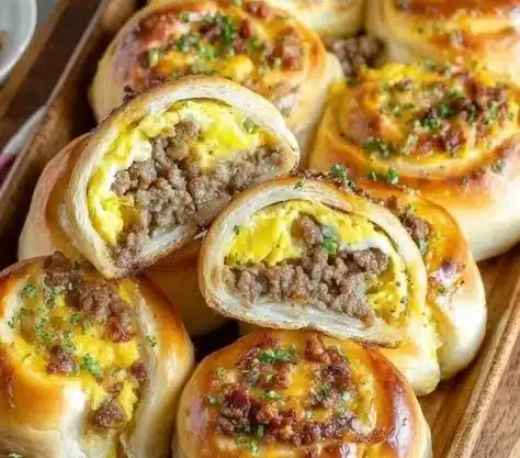 Sausage egg breakfast rolls served on a plate, perfect for a hearty morning
