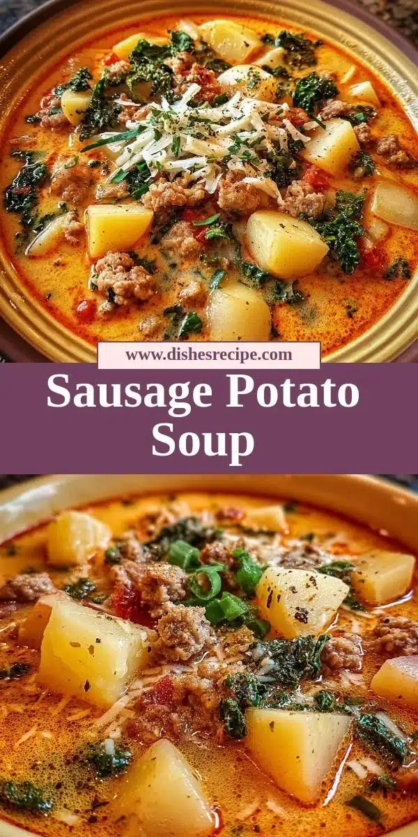 Delicious bowl of sausage potato soup garnished with herbs.