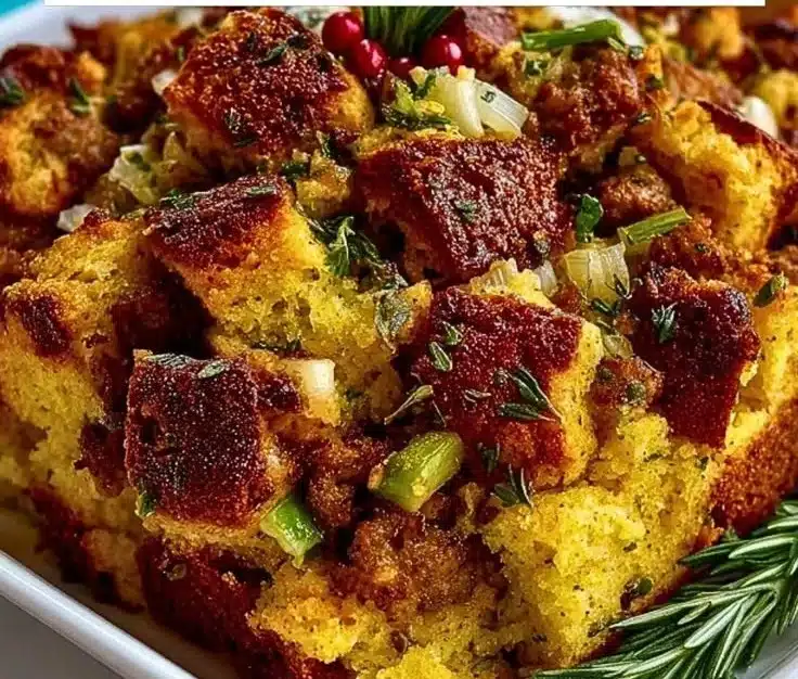 Sausage Southern Cornbread Stuffing 4 Sausage Southern Cornbread Stuffing prepared in a rustic dish