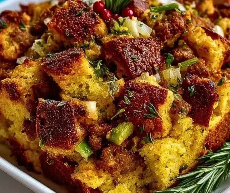 Delicious Sausage Southern Cornbread Stuffing served in a dish