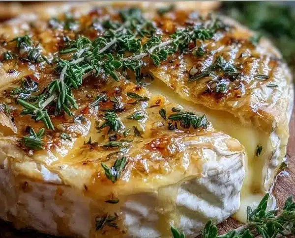 Savory baked brie topped with garlic and fresh herbs, served on a wooden board.