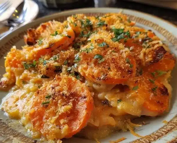 Delicious scalloped sweet potato casserole baked to perfection