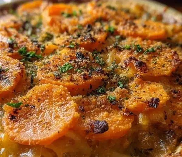 Scalloped Sweet Potato Casserole garnished and ready to serve