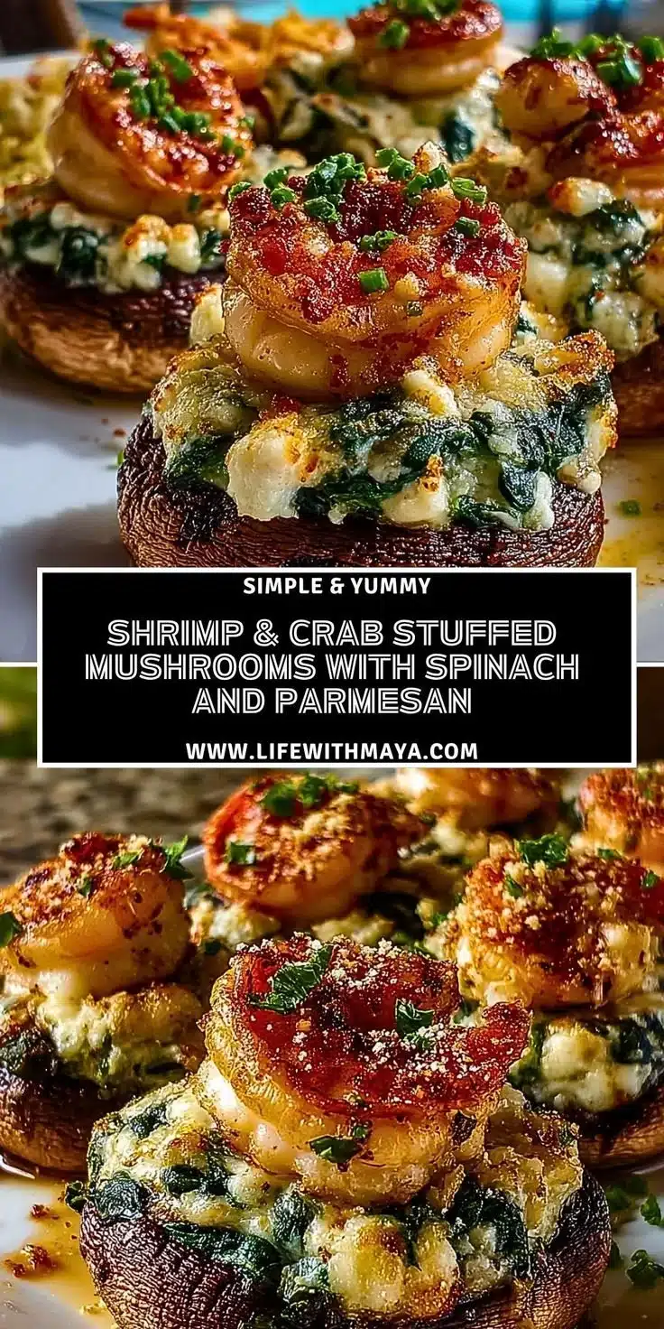 Shrimp & Crab Stuffed Mushrooms with Spinach and Parmesan 7 Shrimp and crab stuffed mushrooms with spinach and parmesan garnish