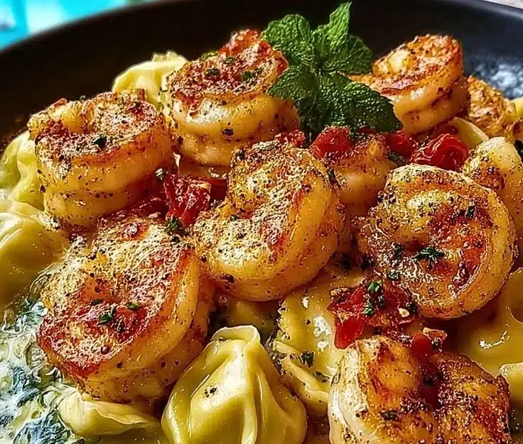 Shrimp Tortellini with Garlic Sauce 4 Delicious shrimp tortellini served with creamy garlic sauce.