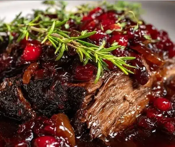 Slow-braised beef roast with cranberry balsamic glaze on a serving platter.