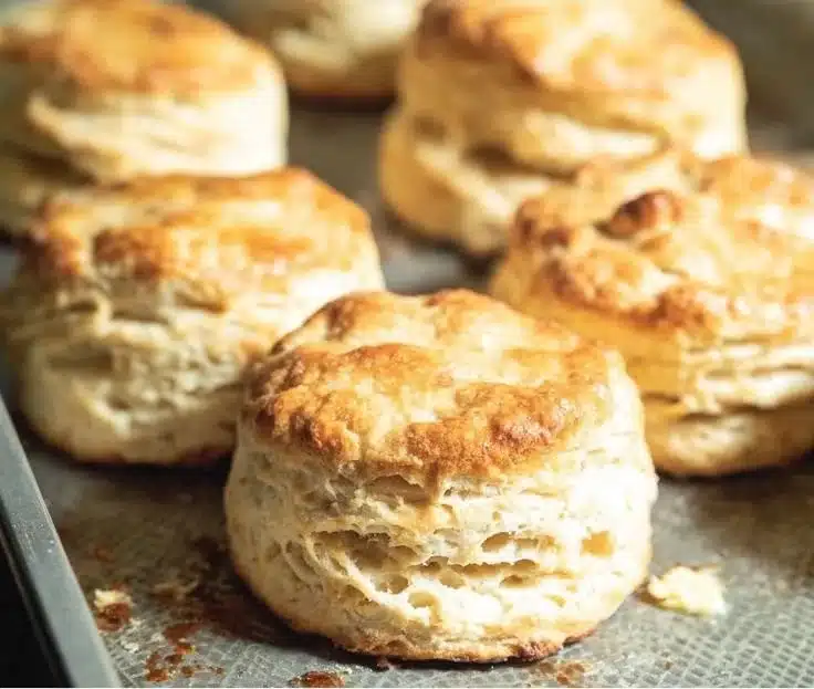 Flaky sourdough biscuits made from sourdough discard, freshly baked and golden brown.