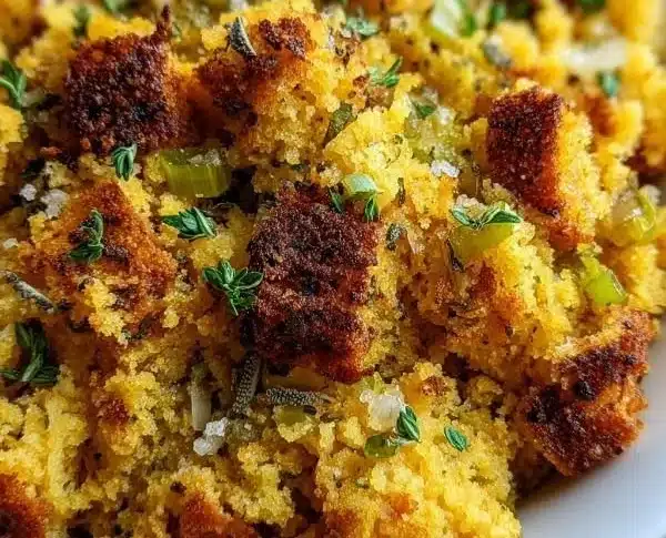 Bowl of Southern Cornbread Dressing with herbs and spices