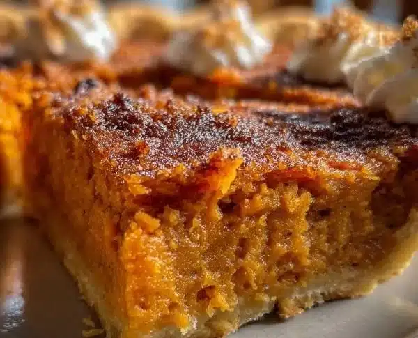 Homemade Southern sweet potato pie on a rustic table, garnished with whipped cream.