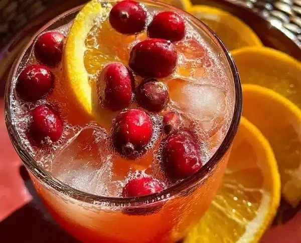 Sparkling Thanksgiving Cocktail garnished with fresh fruit and herbs